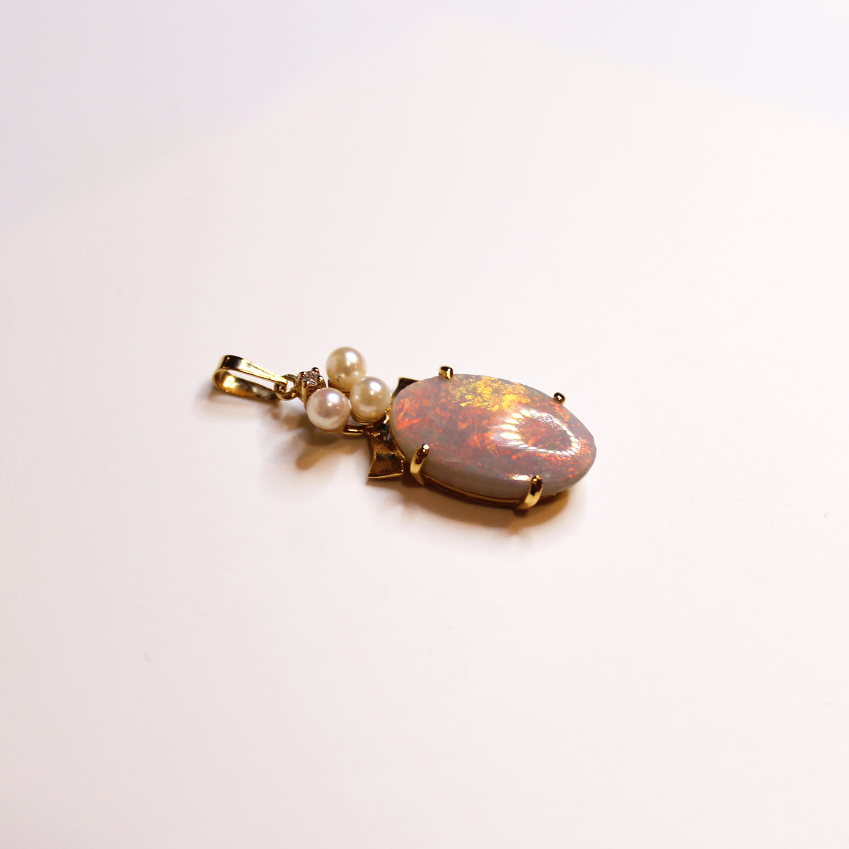 Solid White Opal, Seed Pearl and Diamond Pendant