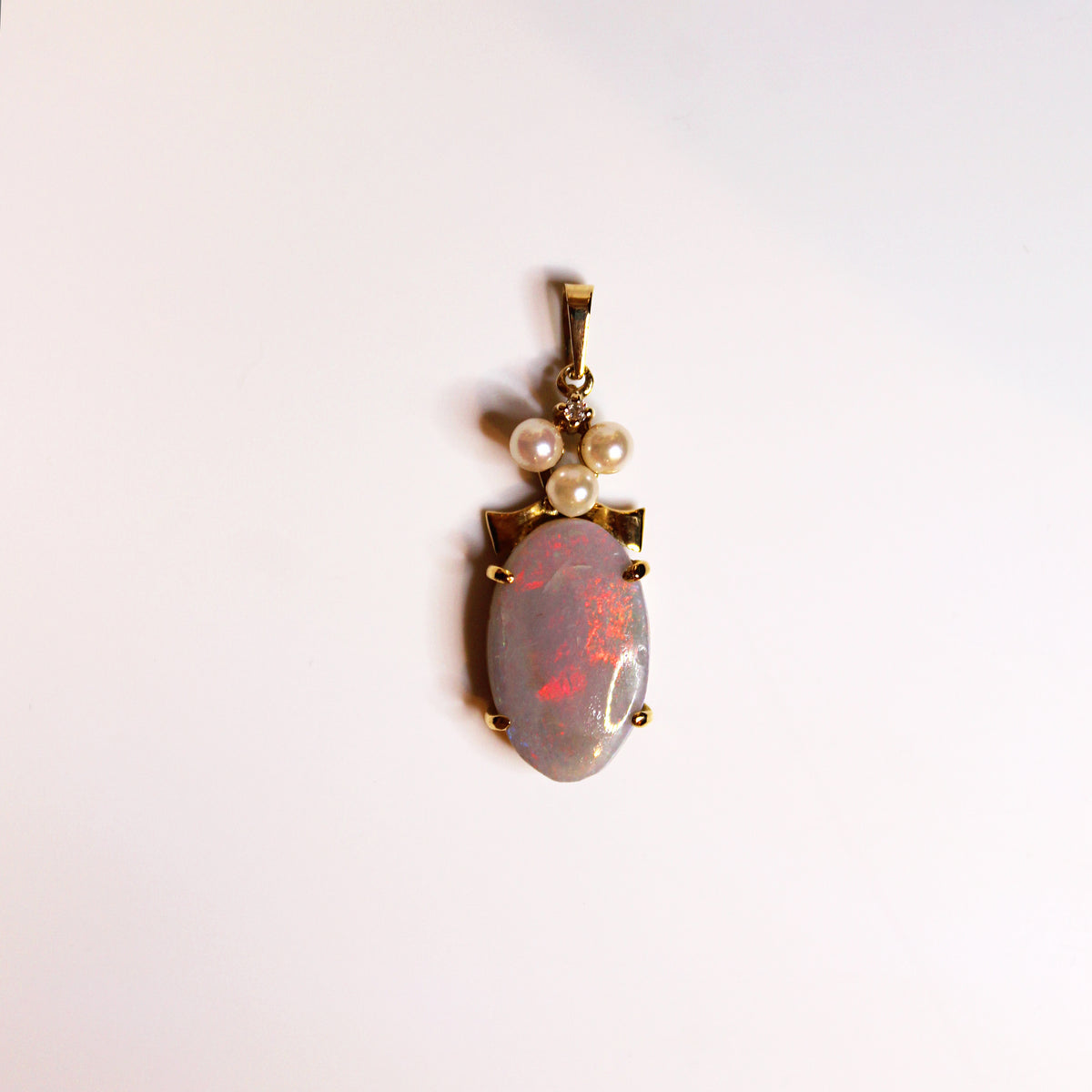 Solid White Opal, Seed Pearl and Diamond Pendant