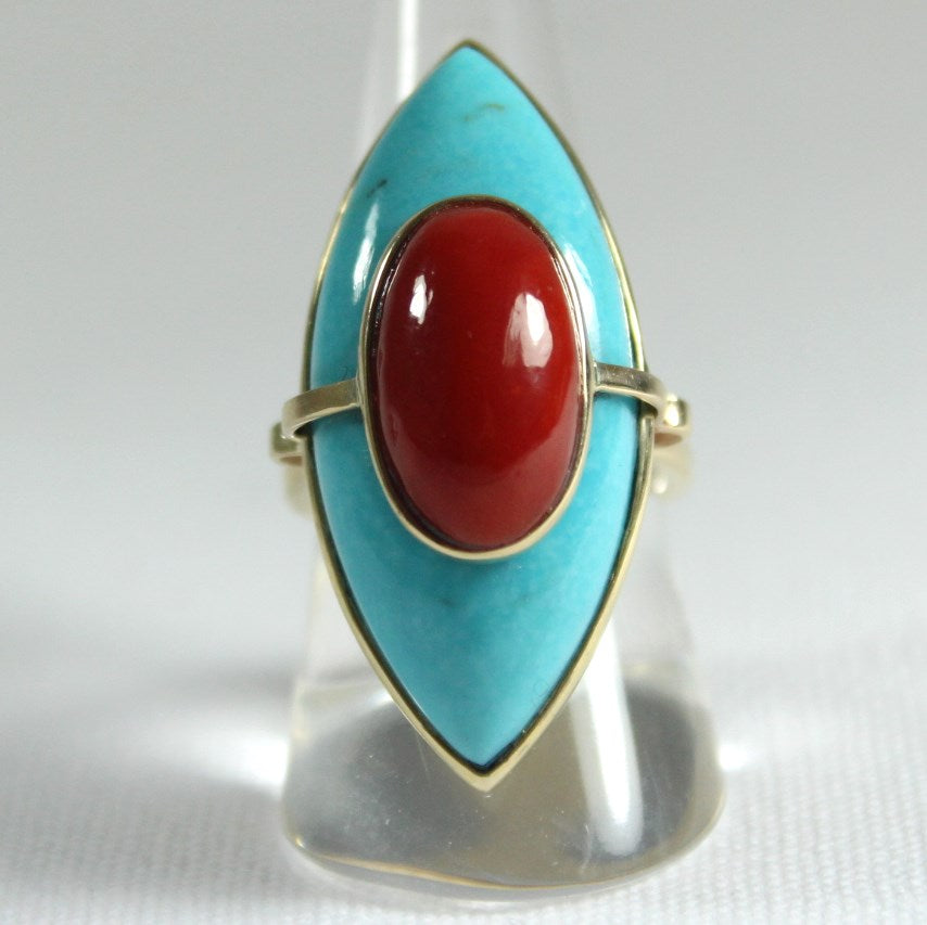 Yellow Gold Momo Coral and Turquoise Marquise Ring