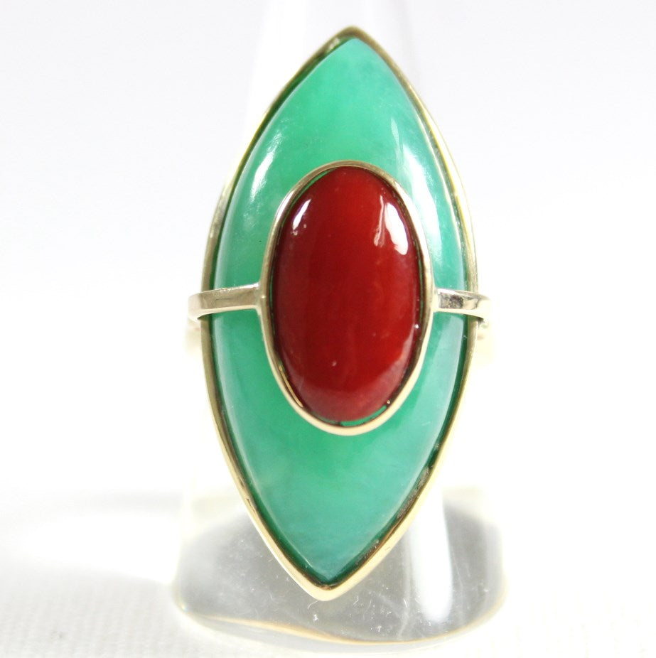 Yellow Gold Momo Coral and Chrysoprase Marquise Ring