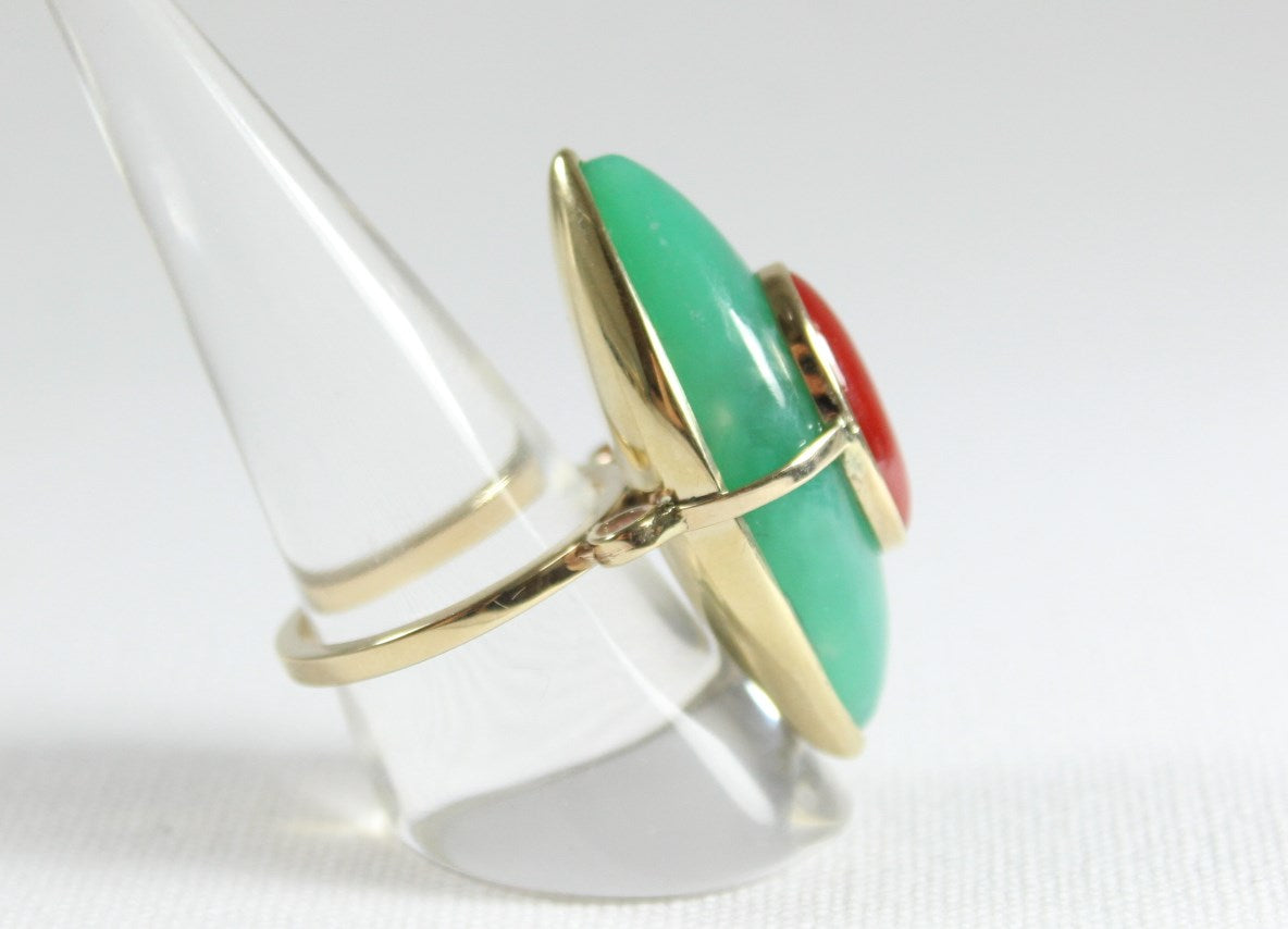 Yellow Gold Momo Coral and Chrysoprase Marquise Ring