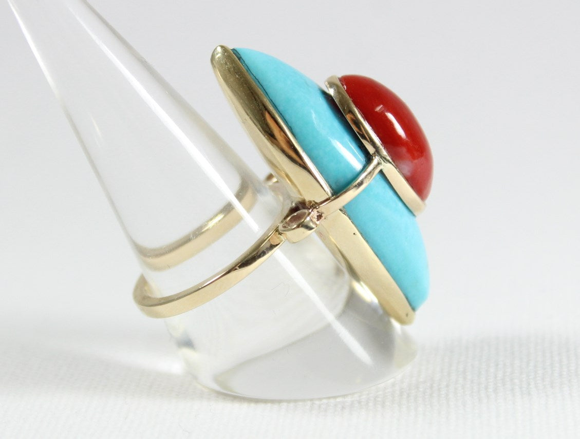 Yellow Gold Momo Coral and Turquoise Marquise Ring