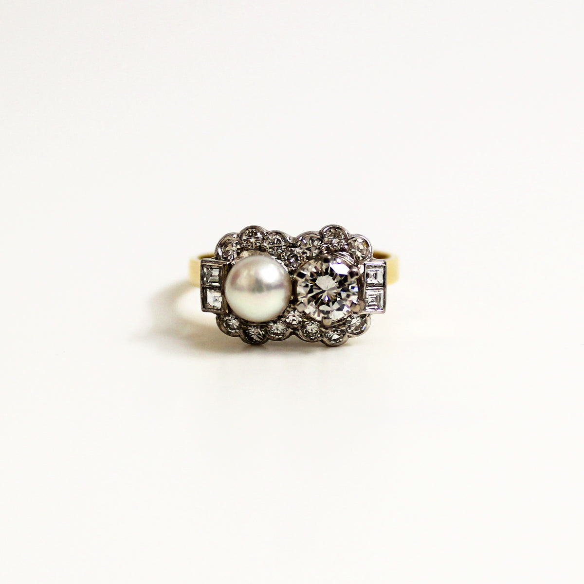 18ct Yellow Gold Pearl and Diamond Art Deco Ring