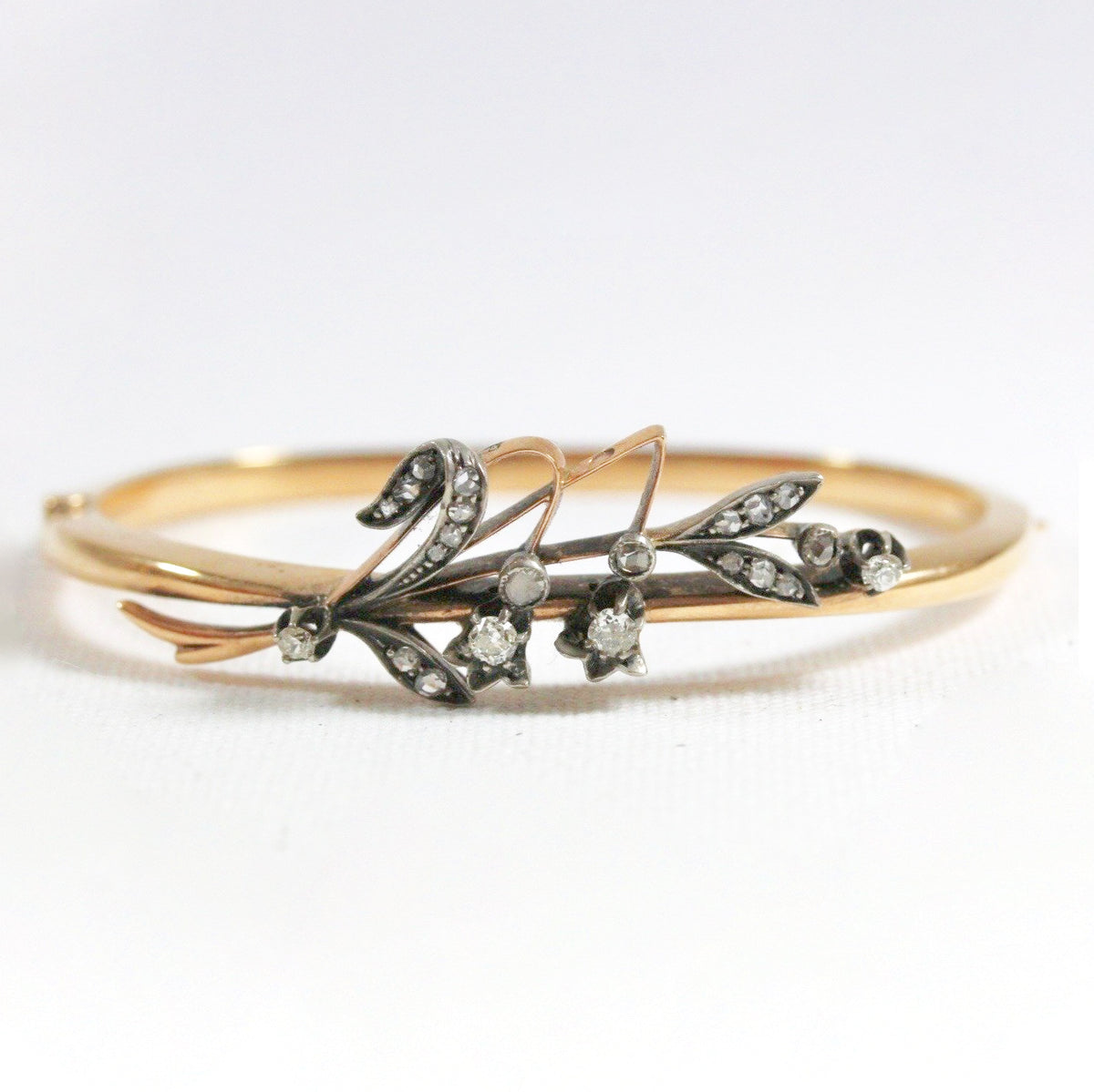 Antique 9ct Rose Gold Old Cut Diamond Hinged Bangle