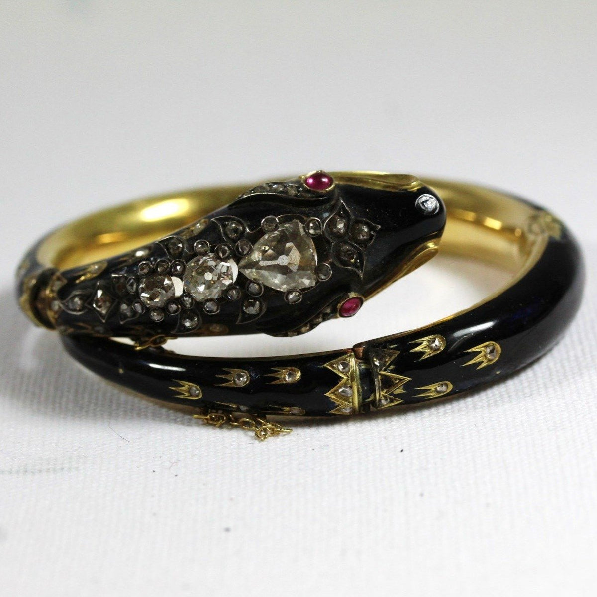 Antique Yellow Gold Enamel, Ruby and Diamond Snake Bangle