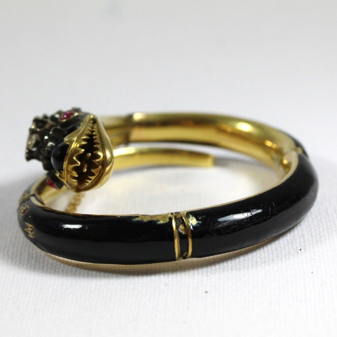 Antique Yellow Gold Enamel, Ruby and Diamond Snake Bangle