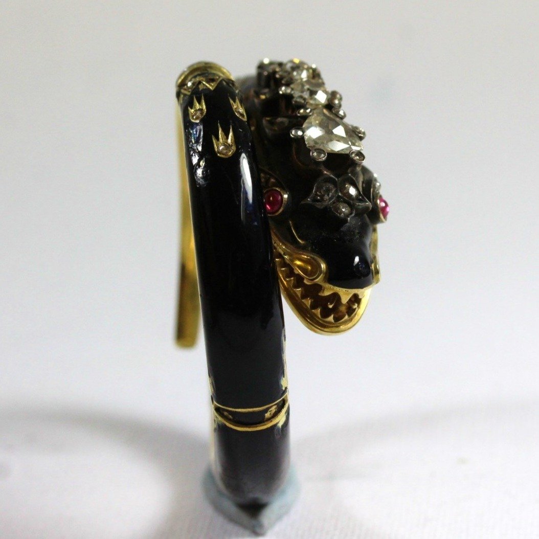 Antique Yellow Gold Enamel, Ruby and Diamond Snake Bangle