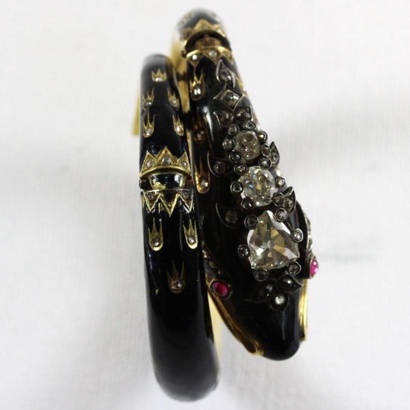 Antique Yellow Gold Enamel, Ruby and Diamond Snake Bangle