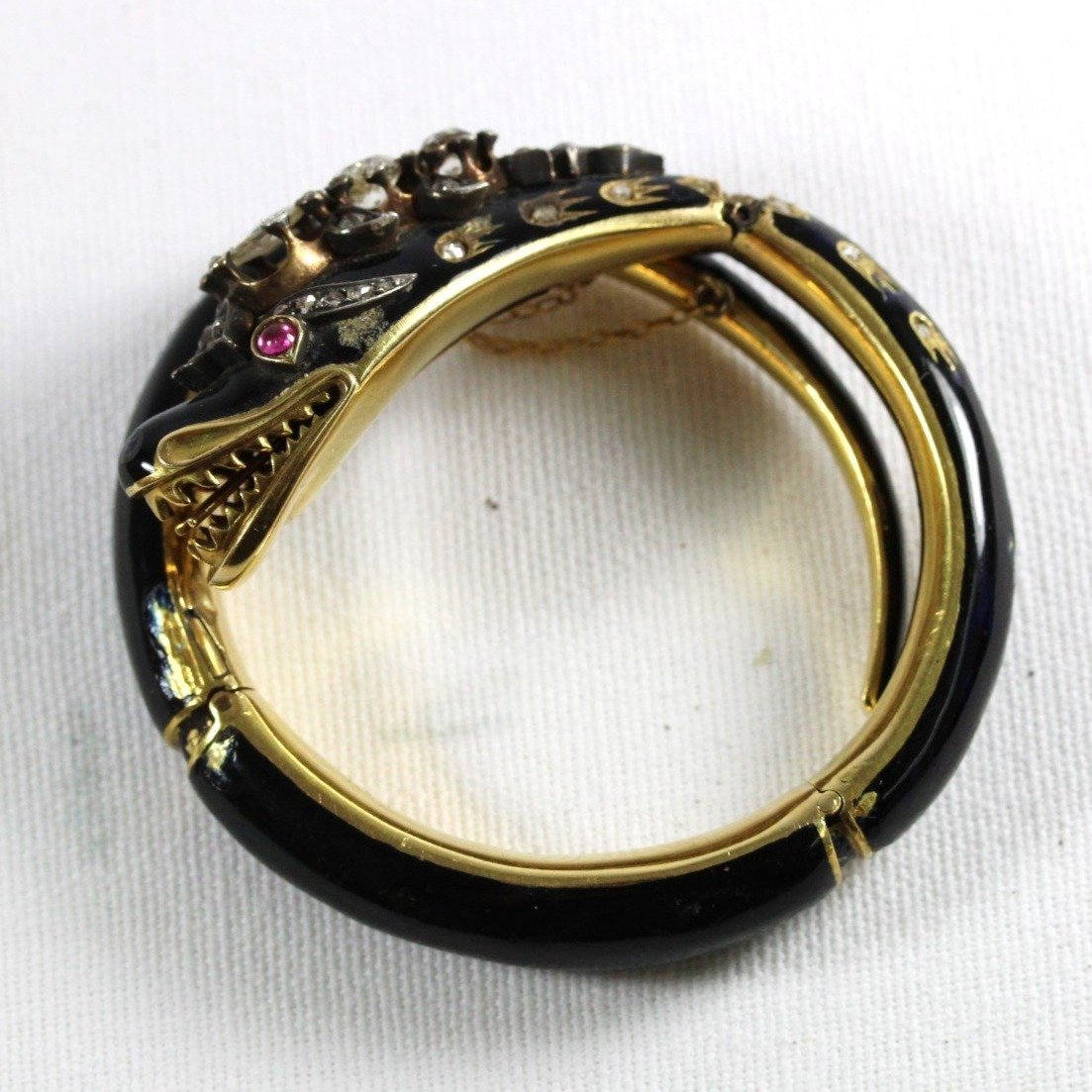Antique Yellow Gold Enamel, Ruby and Diamond Snake Bangle