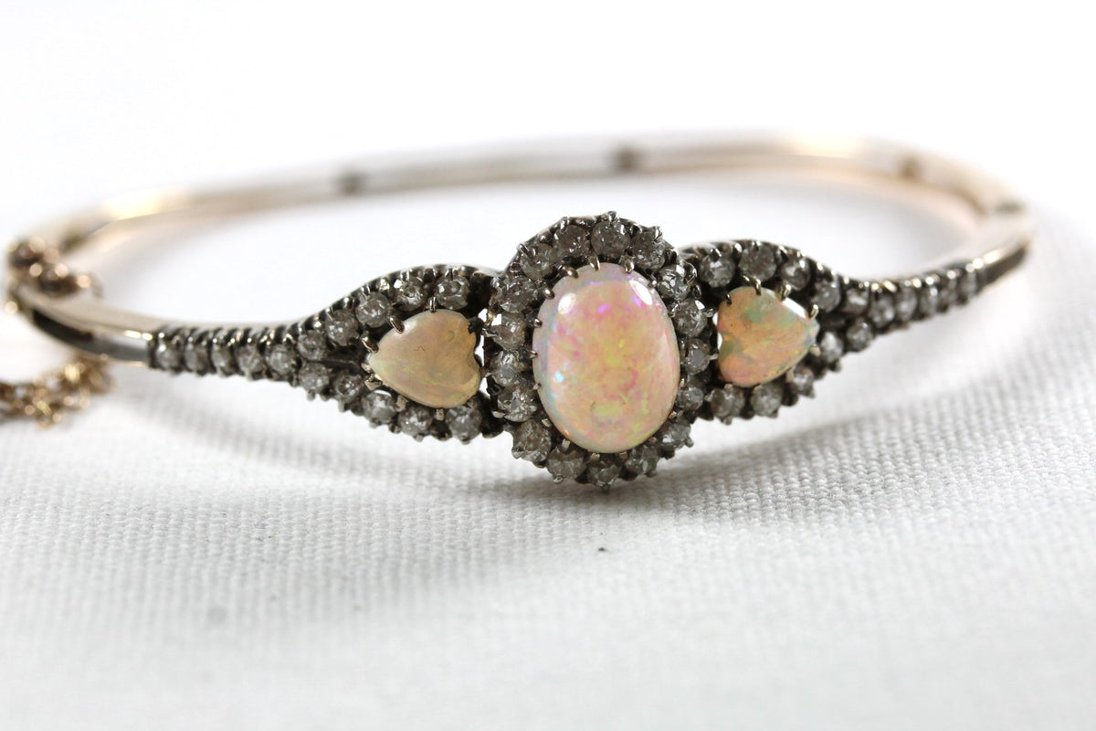 Antique 18ct Yellow Gold Opal and Diamond Bangle
