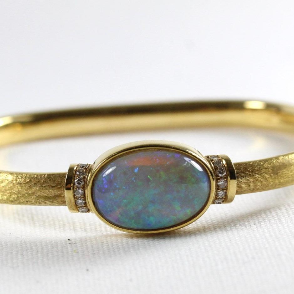 18ct Yellow Gold Solid Opal and Diamond Bangle
