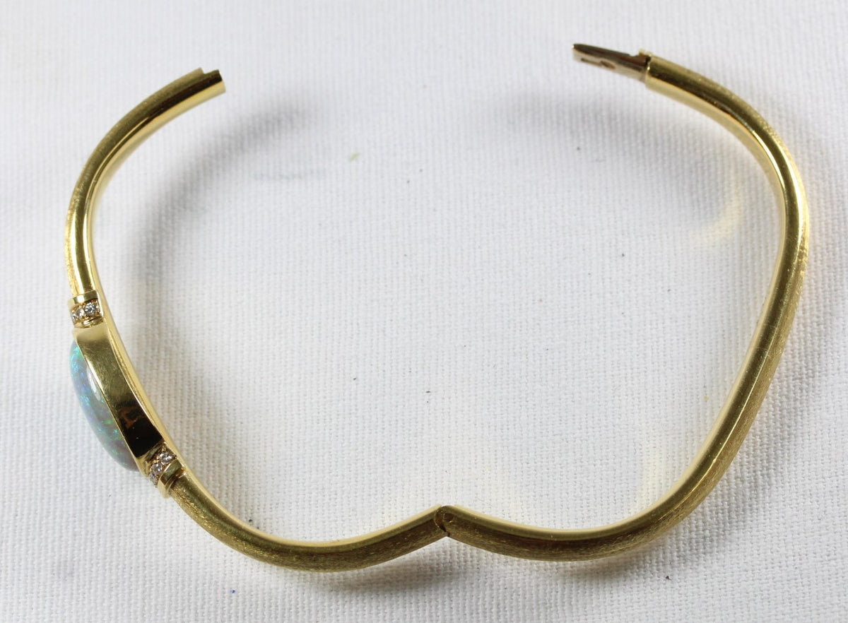 18ct Yellow Gold Solid Opal and Diamond Bangle