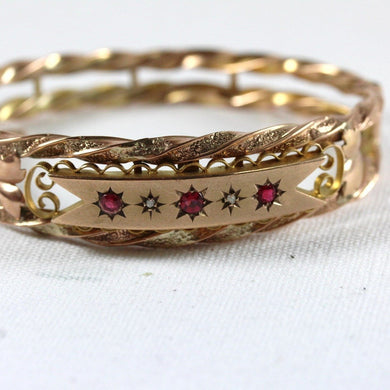 Antique 9ct Rose Gold Red Spinel and Diamond Bangle
