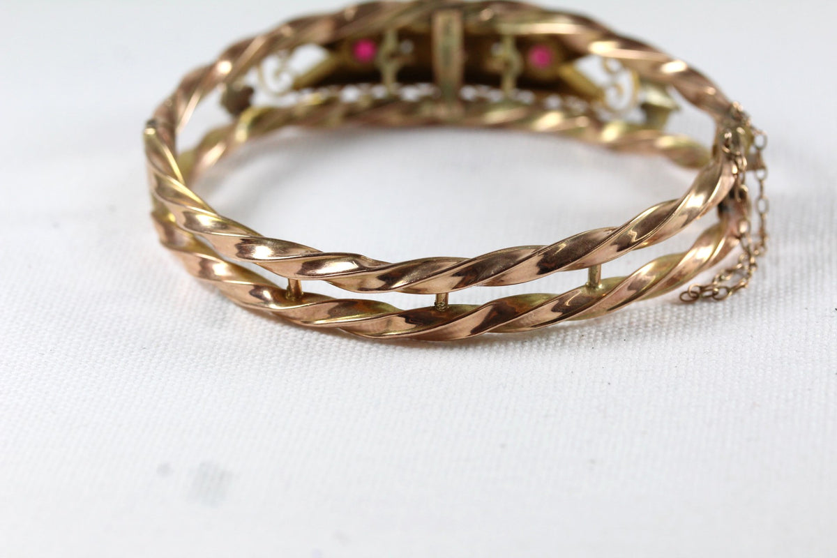 Antique 9ct Rose Gold Red Spinel and Diamond Bangle