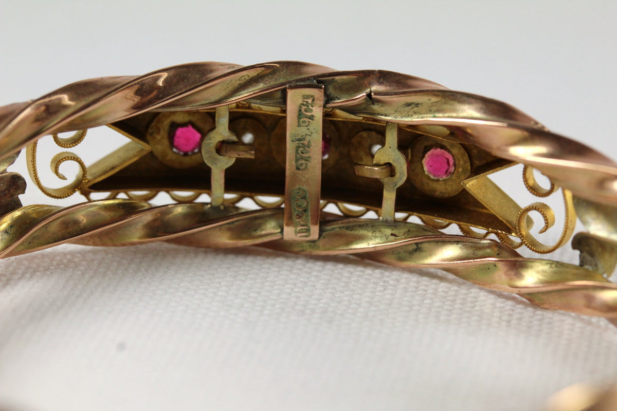 Antique 9ct Rose Gold Red Spinel and Diamond Bangle