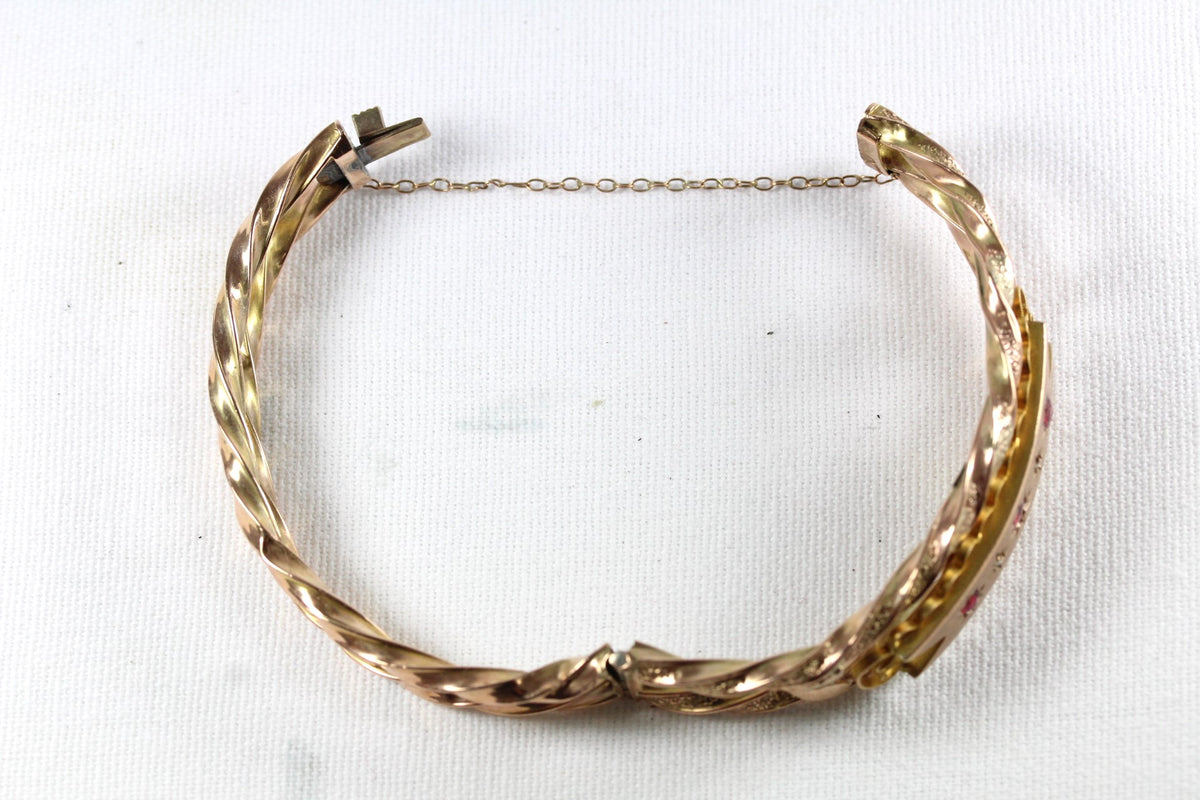 Antique 9ct Rose Gold Red Spinel and Diamond Bangle