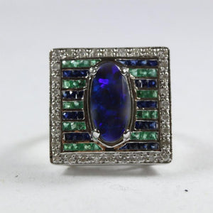 Black Opal, Sapphire, Emerald and Diamond Ring