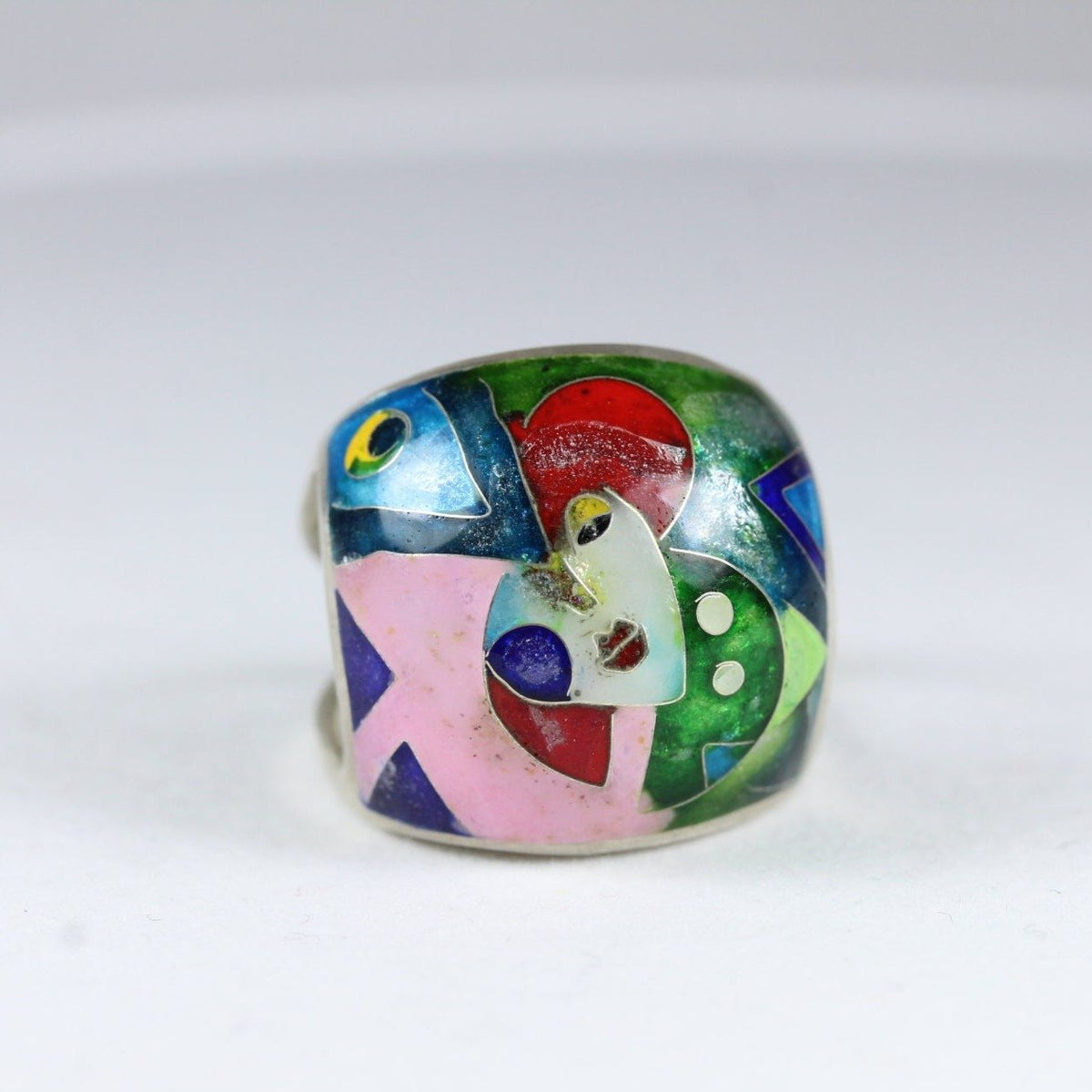 Handmade Sterling Silver Enamel Picasso Style Portrait Dome Ring