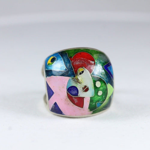 Handmade Sterling Silver Enamel Picasso Style Portrait Dome Ring