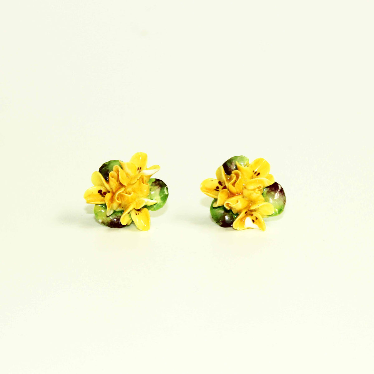 Vintage Staffordshire Yellow Rose Porcelain Stud Earrings
