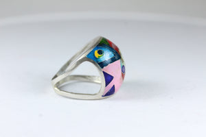 Handmade Sterling Silver Enamel Picasso Style Portrait Dome Ring
