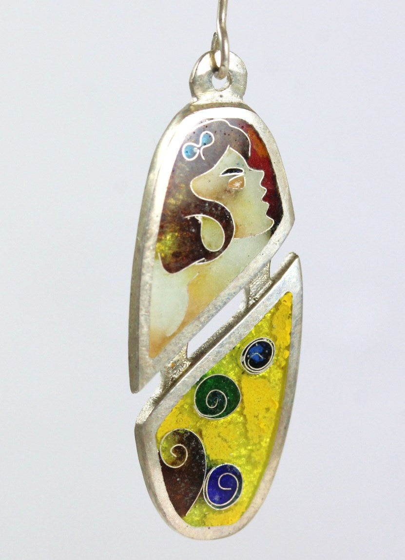 Handmade Sterling Silver Enamel Klimt Style Drop Earrings