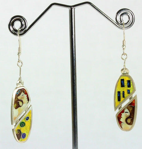 Handmade Sterling Silver Enamel Klimt Style Drop Earrings