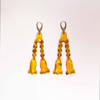 Vintage Hand Carved Baltic Amber Tulip Drop Earrings