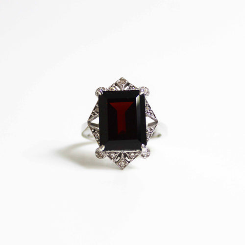 Art Deco Style 9ct White Gold Garnet and Diamond Ring