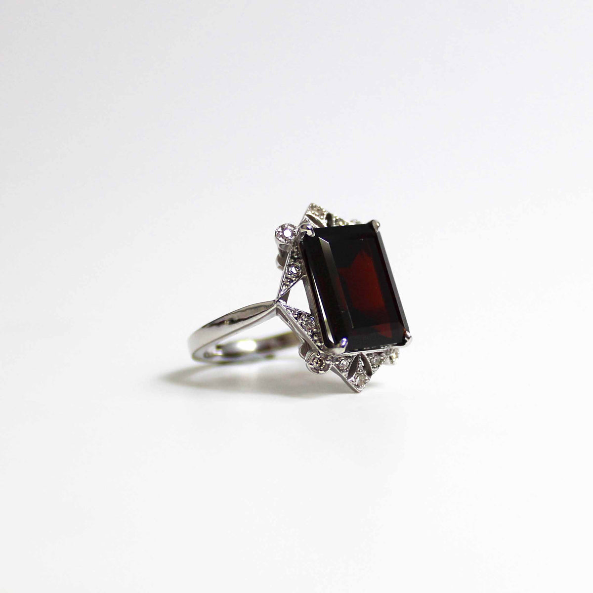 Art Deco Style 9ct White Gold Garnet and Diamond Ring