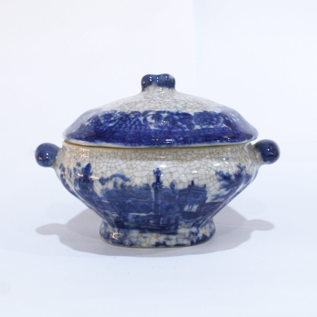 Antique Flow Blue and White Ironstone Soup Bowl