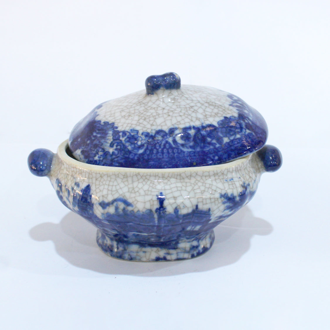 Antique Flow Blue and White Ironstone Soup Bowl