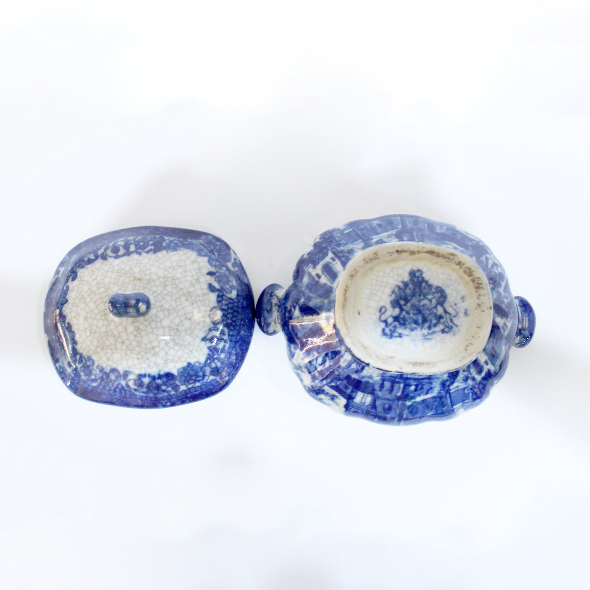 Antique Flow Blue and White Ironstone Soup Bowl