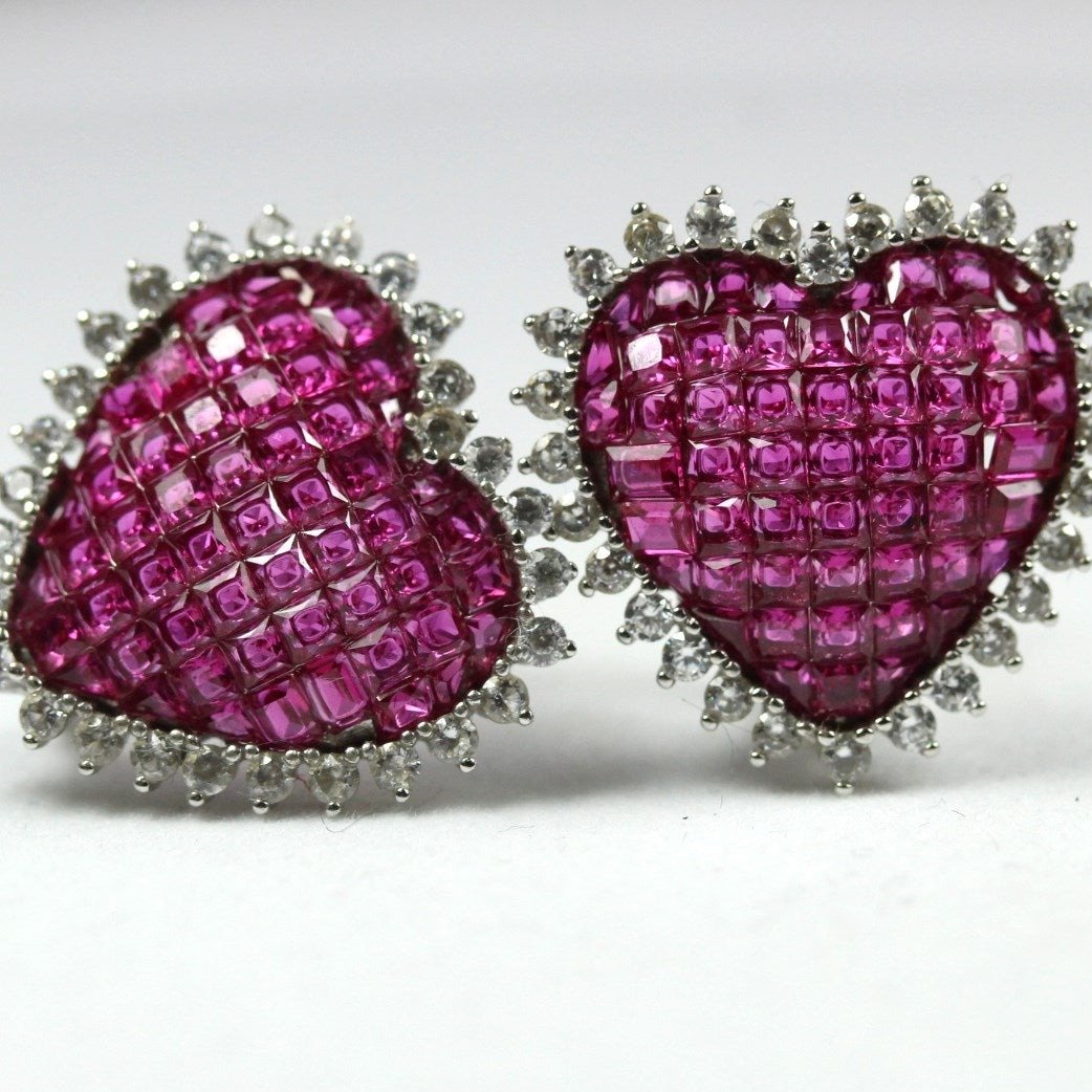 Sterling Silver Synthetic Ruby and CZ Heart Earrings