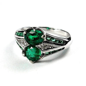 9ct White Gold Twin Emerald and Diamond Dress Ring