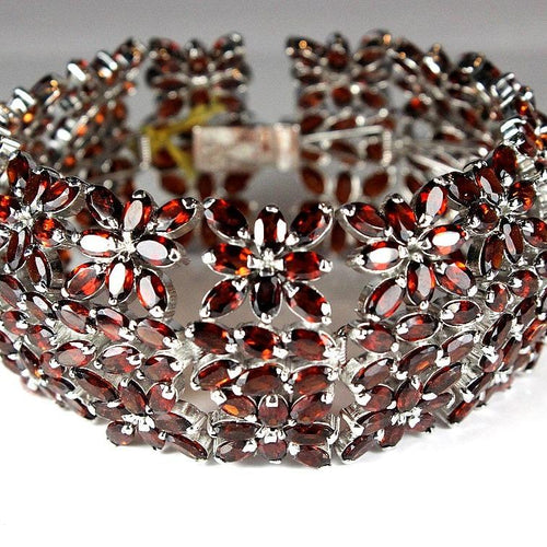 Large Sterling Silver Garnet Floral Bracelet