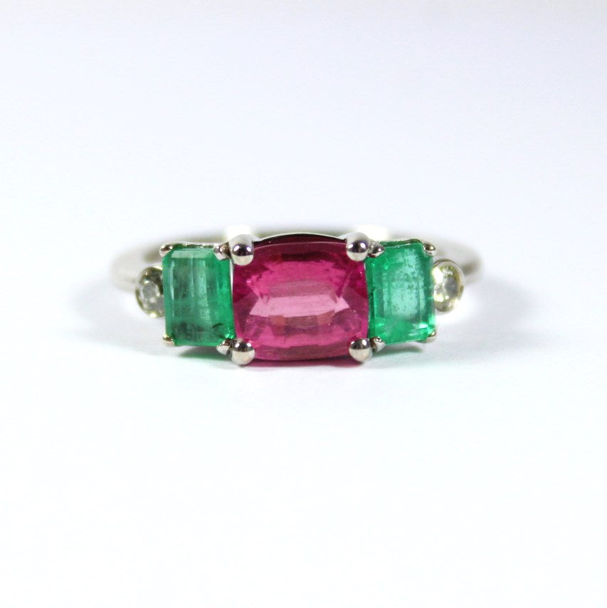 9ct White Gold Pink Tourmaline, Emerald and Diamond Ring