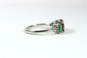 9ct White Gold Pink Tourmaline, Emerald and Diamond Ring