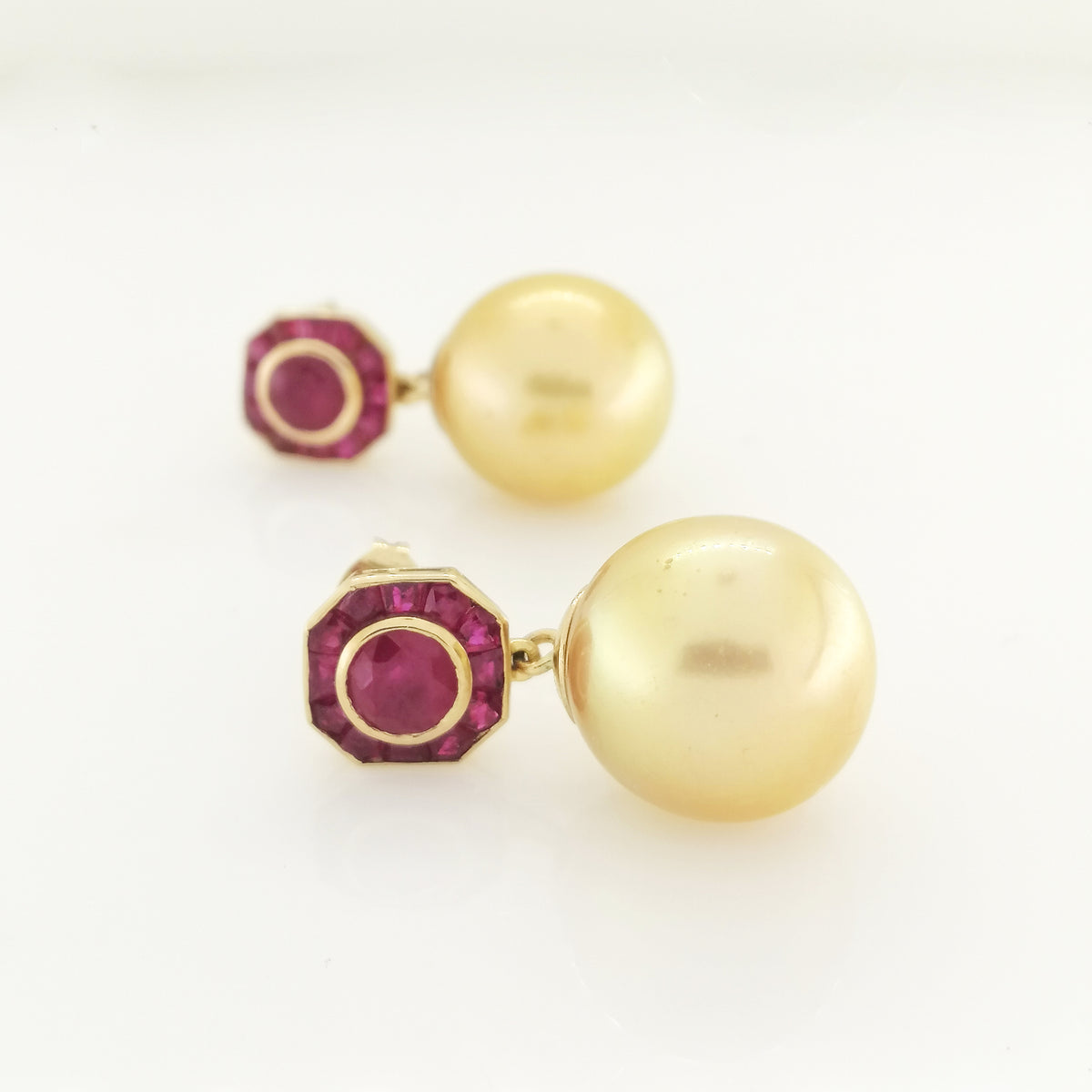 Ruby and Golden South Sea Pearl Earrings