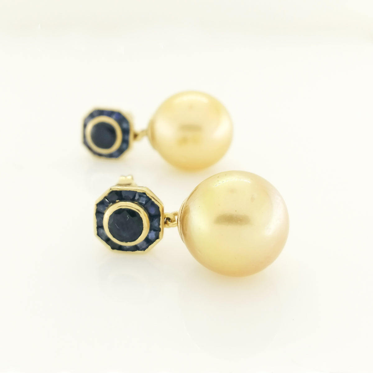Sapphire and Golden South Sea Pearl Earrings