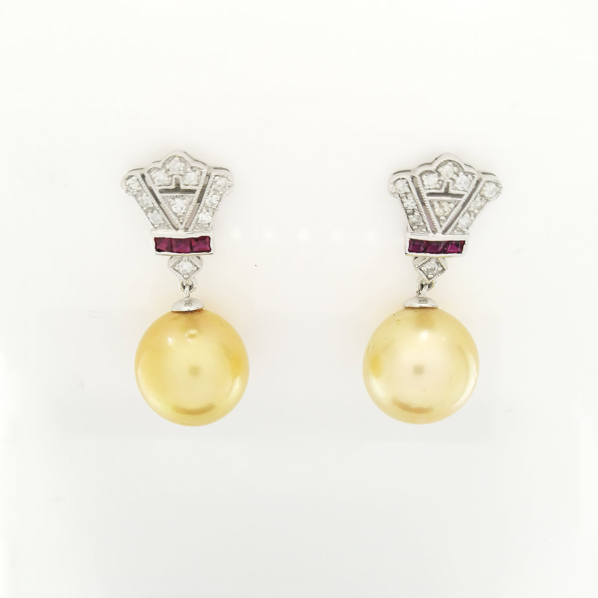 Golden South Sea Pearl, Ruby and Diamond Earrings