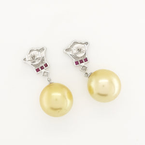 Golden South Sea Pearl, Ruby and Diamond Earrings