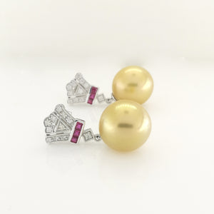 Golden South Sea Pearl, Ruby and Diamond Earrings
