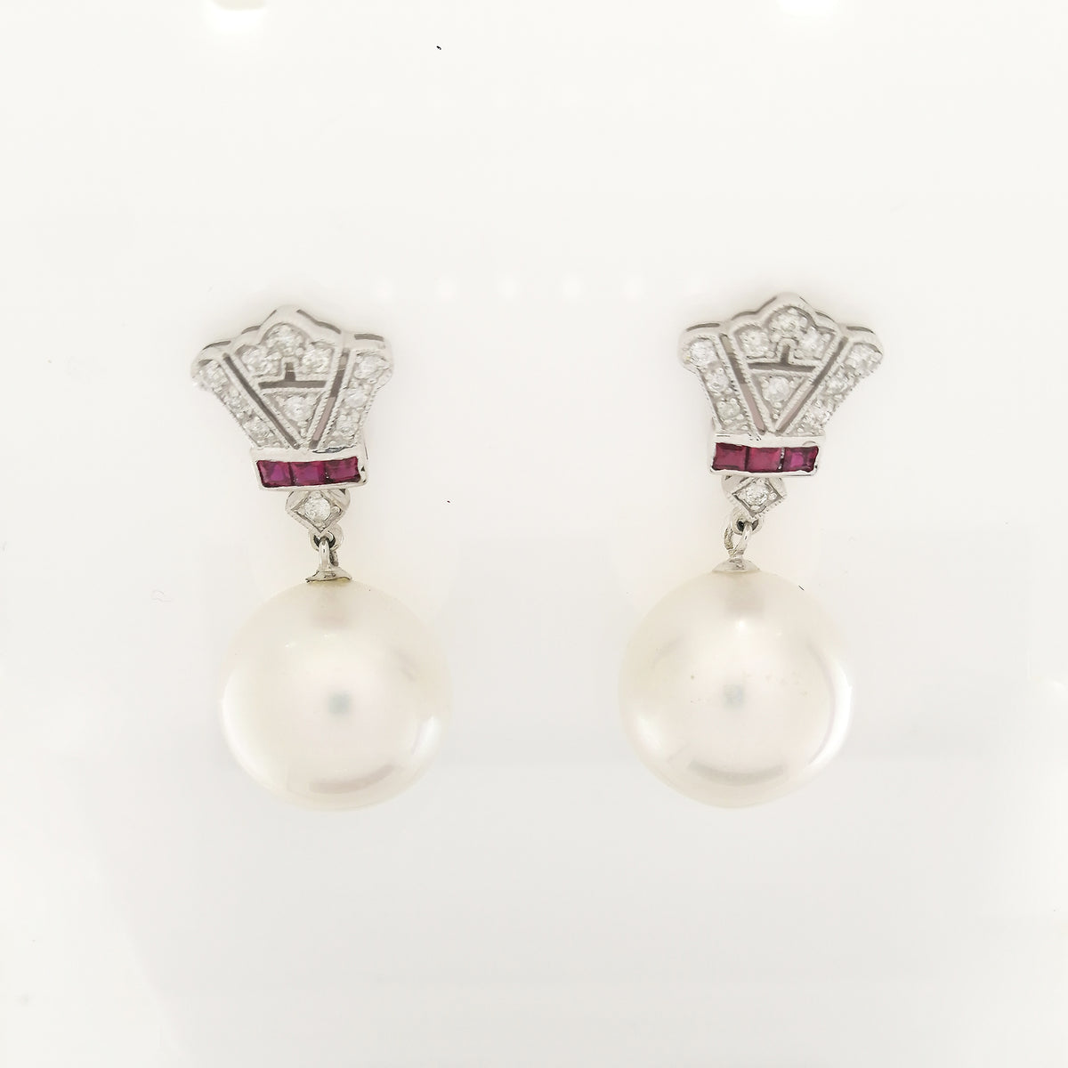 White South Sea Pearl, Ruby and Diamond Earrings