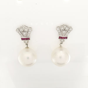 White South Sea Pearl, Ruby and Diamond Earrings