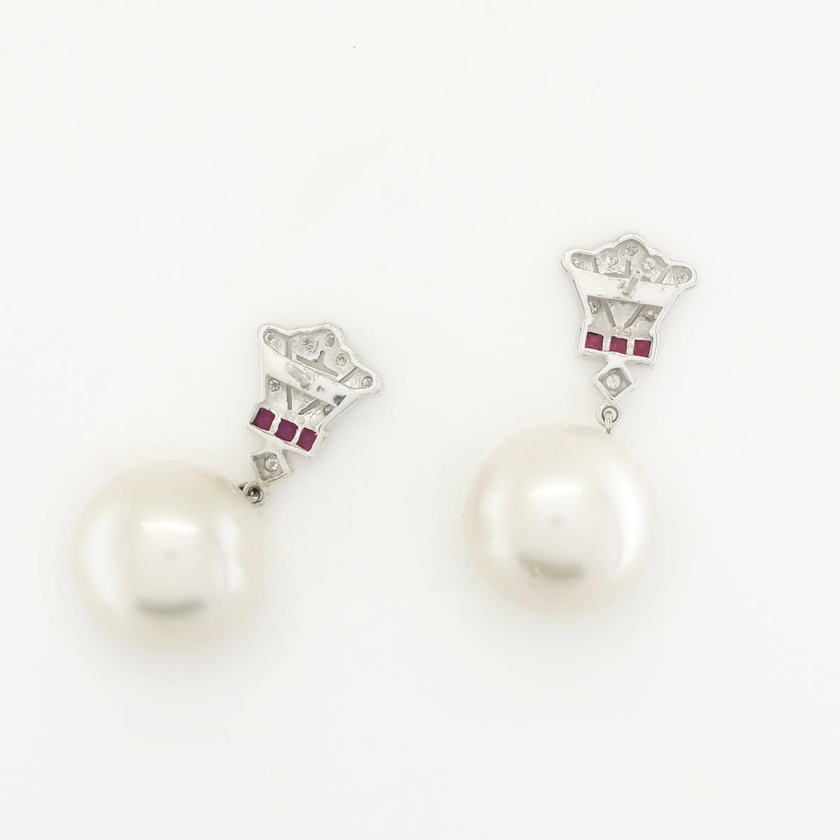 White South Sea Pearl, Ruby and Diamond Earrings