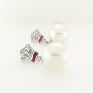 White South Sea Pearl, Ruby and Diamond Earrings