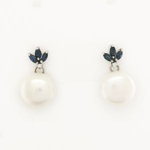 Sapphire, Diamond and Freshwater Button Pearl Earrings
