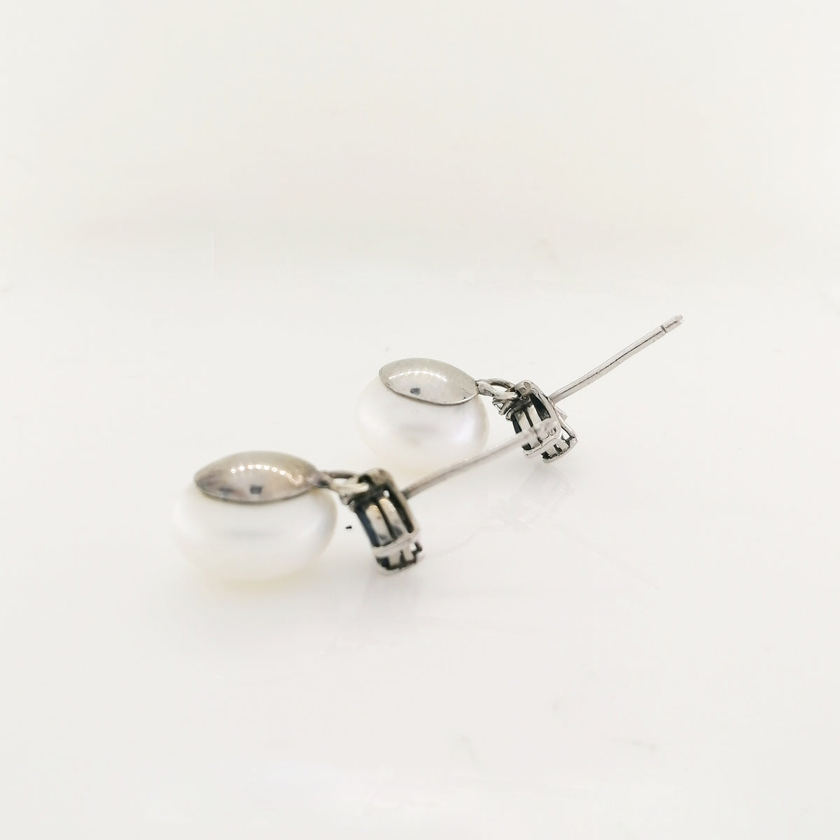 Sapphire, Diamond and Freshwater Button Pearl Earrings