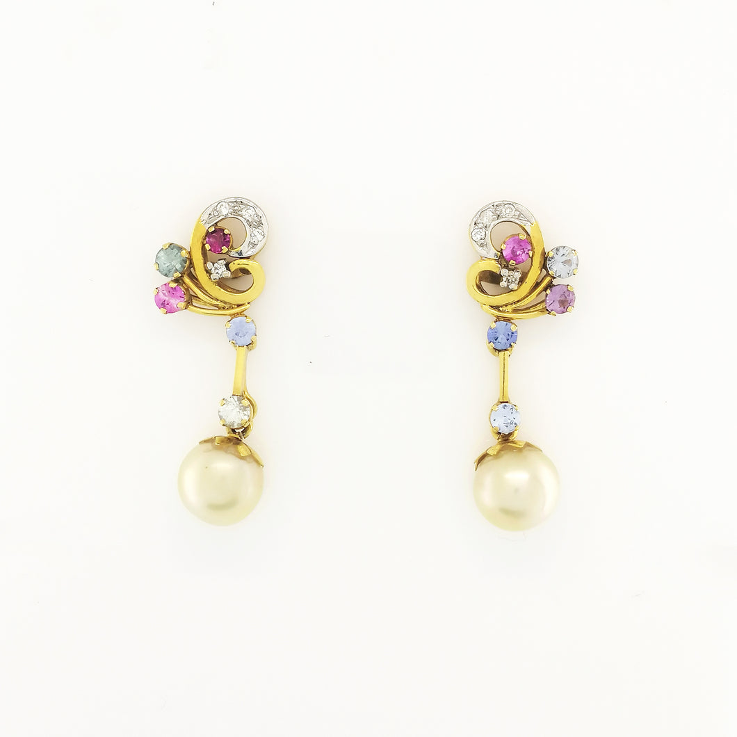 Sapphire, Diamond and Golden Pearl Earrings